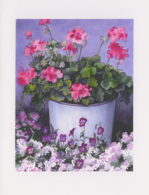 Geranium in Blue Pail watercolor note cards